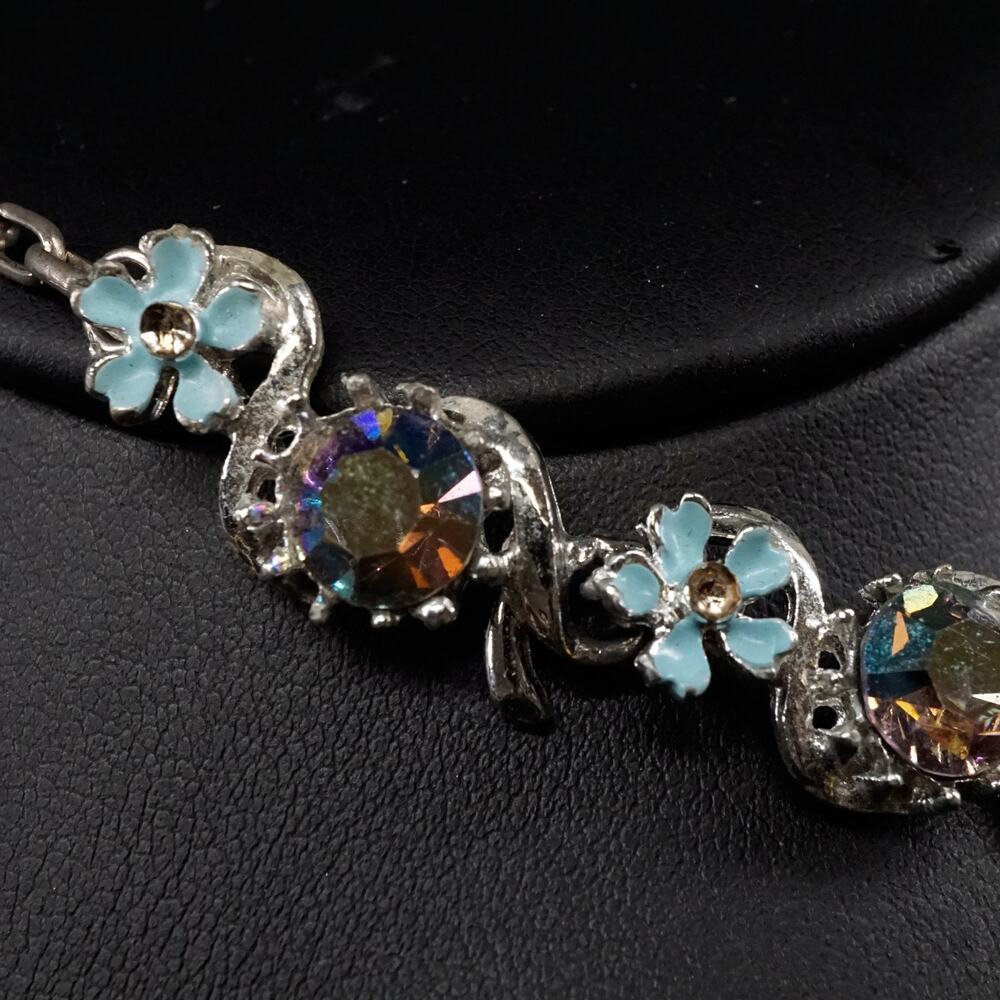 Vintage AB Rhinestone Flower Necklace Blue Enamel Silver Tone Adjustable - Picture 5 of 7